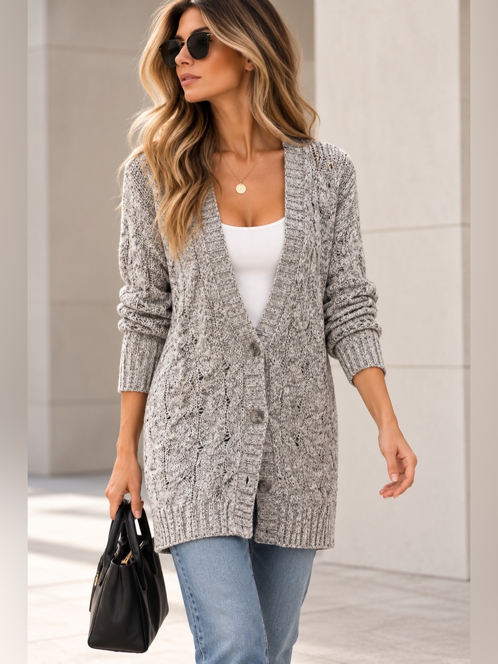 Vince Chunky Cable Knit Long Cardigan Sweater Grey Size M